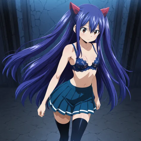 wendy marvell, solo, alone, long hair, hair between eyes, brown eyes, very long hair, blue hair, skirt, thighhighs, pleated skirt, black thighhighs, blue bra, lace bra,