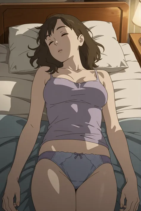 Robot on the Road,absurdres, masterpiece, best quality, very aesthetic
((solo))
1girl\(female,r_mina, brown hair,medium breasts,sleeping,purple underwear,blue panties)\
indoors,white bed,dim light