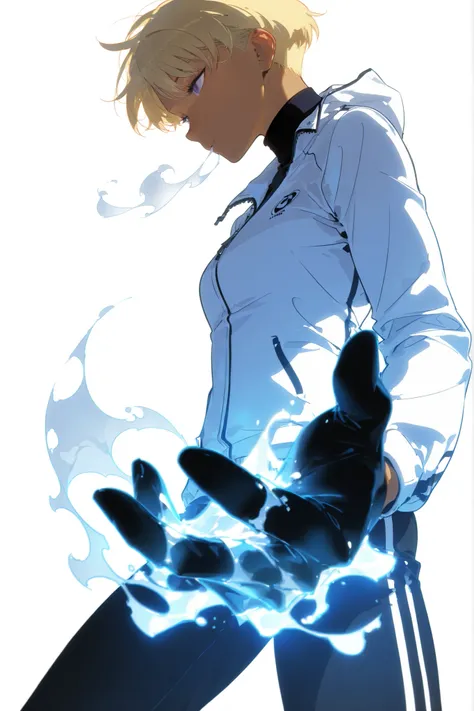 Beautiful, athletic body, toned body, alone, female, shoulder blonde hair, purple black eye, tanned, white tight sport jacket with a turtleneck, zipped jacket, black gloves, black pants , intricate sketch, ice steam breath, ice in her hand, expressive eyes...