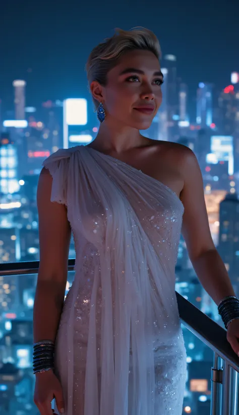 Florence Pugh as Beatrix Bloch, Mirror's Edge, elegant, short blonde hair, smiling confidently, high-rise balcony, at night, wearing shimmering one-shoulder white evening dress, sparkling fabric, subtle folds, stylish black metallic bracelets, blue gemston...