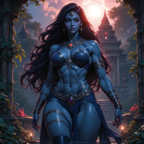 Photoreal, full body view, RAW 8K HDR, Hindu Dark Blue Goddess Maha Kali who is very busty and gorgeous, serene and firm, sexy and sultry, glowing complexion, long untamed flowing hair, large beautiful defined eyes, open turquoise eyes, defined voluptuous ...