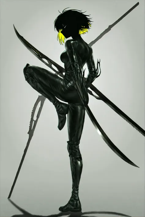 mad-neonbody,(lappland:0.55),multicolored hair, black hair, yellow hair, black eyes, short hair,BinahPM,partially, covered in shadow,(looking at viewer, side shot:0.72), dynamic shot, dynamic pose, warrior, (medium shot, three quarter shot:1.1), (1girl:0.3...