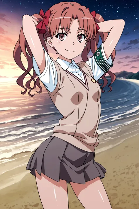 Shirai Kuroko,
long hair,pink hair,wavy hair,twintails,hair bow,red bow,hair ribbon,red ribbon,parted bangs,pink eyes
tokiwadai school uniform,brown sweater vest,white shirt,collared shirt,armband,short sleeves,small breasts,miniskirt,grey skirt,pleated sk...