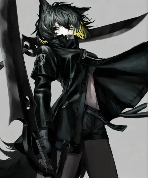 mad-neonbody,(lappland:0.55),multicolored hair, black hair, yellow hair, black eyes, short hair,BinahPM,partially, covered in shadow,(looking at viewer, side shot:0.72), dynamic shot, dynamic pose, warrior, (medium shot, three quarter shot:1.1), (1girl:0.3...