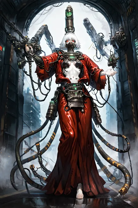 masterpiece, best quality, amazing quality, very aesthetic, high resolution, newest, hyper-detailed, solo, female character, mature woman, pale skin, short hair, withe hair,tall female figure, small breasts, thin waist, cybernetic augments, mechanic arms, ...