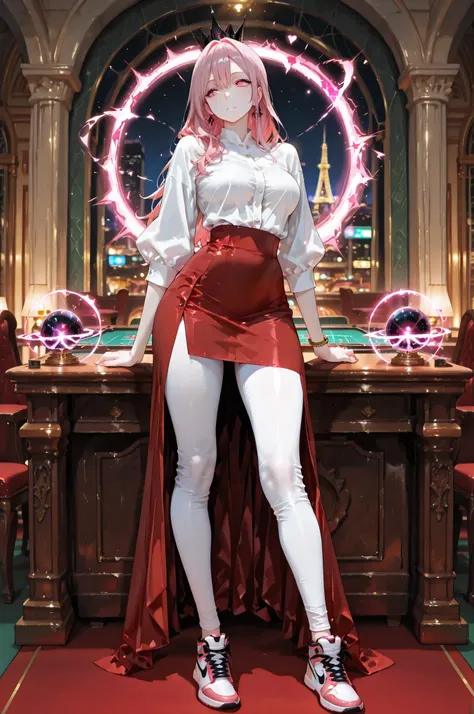 masterpiece, best quality, amazing quality, very aesthetic, high resolution, newest, hyper-detailed, solo, female character, mature woman, pale skin, long hair, pink hair,tall female figure, medium breasts, large waist, withe cropped, white leggings pants...