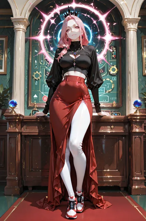 masterpiece, best quality, amazing quality, very aesthetic, high resolution, newest, hyper-detailed, solo, female character, mature woman, pale skin, long hair, pink hair,tall female figure, medium breasts, large waist, withe cropped, white leggings pants...