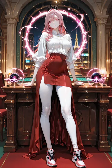 masterpiece, best quality, amazing quality, very aesthetic, high resolution, newest, hyper-detailed, solo, female character, mature woman, pale skin, long hair, pink hair,tall female figure, medium breasts, large waist, withe cropped, white leggings pants...