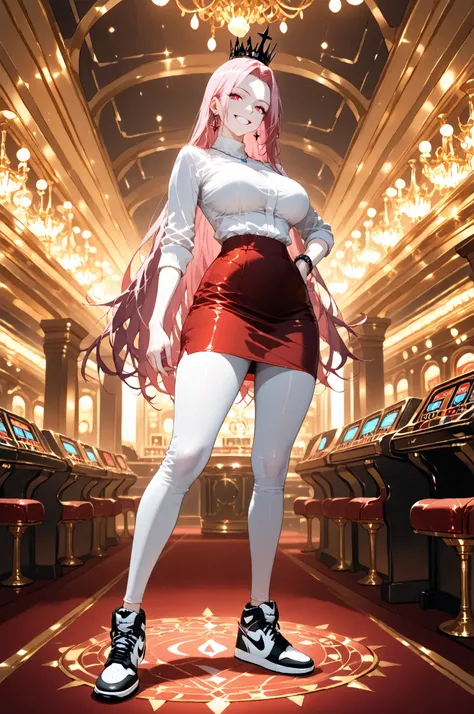 masterpiece, best quality, amazing quality, very aesthetic, high resolution, newest, hyper-detailed, solo, female character, mature woman, pale skin, long hair, pink hair,tall female figure, medium breasts, large waist, withe cropped, white leggings pants...