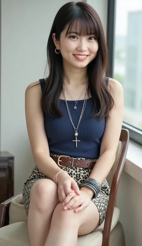 live-action、shot with a Canon EOS R5, 50mm lens, f/2.8 apertur、(masterpiece,best quality:1.4)、Highest Quality、ultra high res、8K、bright room、chair in the building on the edge、front view、Full body photo、Smile Yan、black haired 、straight semi-long、shiny hair、h...