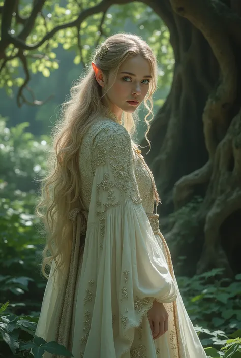A photo from a low angle of a male elf turning to look behind himself. He is wearing intricately detailed clothing. In an ethereal sylvan setting.