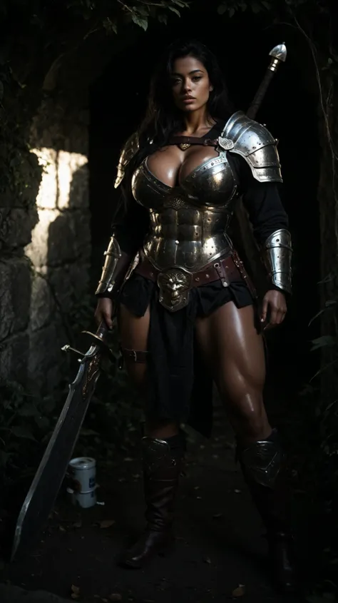 warrior girl, armor, 1 virgin, One, fit,  shiny skin, with glossy skin, lubricated, abs, bright skin,     clear eyes, huge breasts, chest in a, black top, wide waist, wide waist, lush, muscular, bare hips, black hair, Sexy muscular bodybuilder, fitness , d...