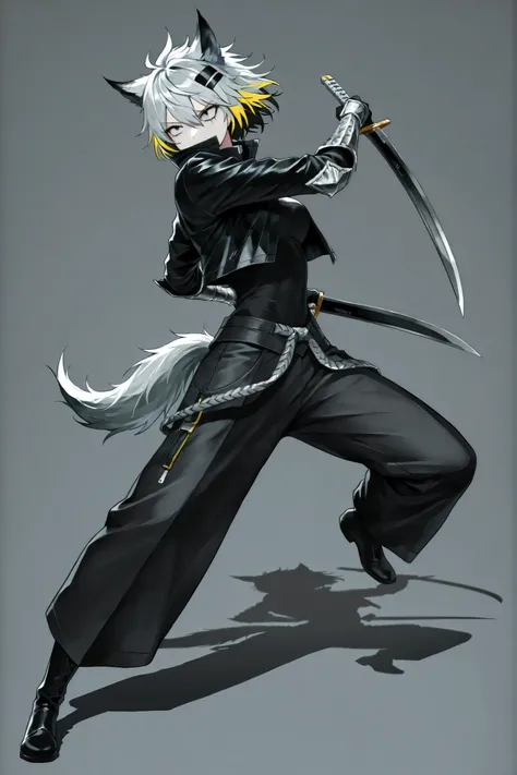 mad-neonbody,(lappland:0.85),multicolored hair, black hair, yellow hair, black eyes, short hair,BinahPM,partially, covered in shadow,(looking at viewer, side shot:0.72), dynamic shot, dynamic pose, warrior, (medium shot, three quarter shot:1.1), (1girl:0.3...