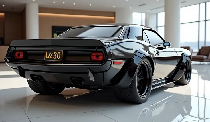 This Model. Design back full car back , view of a ultra luxurious  2026 Plymouth cuda 440 with a polished gleamy oily black colour and siny exterior finish, back ultra widest body kit imaginable Logo Of ' Plymouth ' .Licence plate with the name of ' 440 ' ...