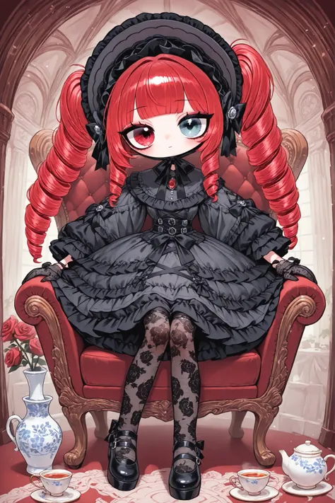 (edanoma_meu_illu,)Alive doll-girl, petite vintage cute porcelain articulated doll. Her body is made of white porcelain and joints of her limbs are doll-like hinges. There's a crack in her porcelain face. She has scarlet red kinky hair is styled in two ri...