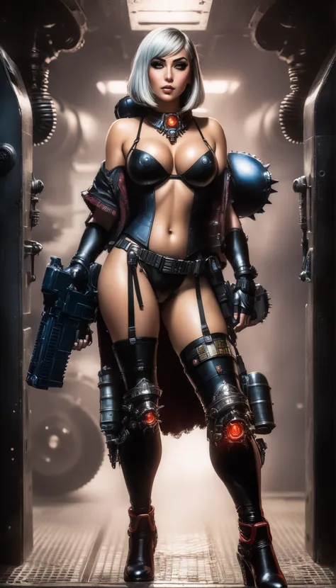 Important (coat, warhammer 40 000 theme, battle sister, space marine armor, very wide hips, thicc lower body, big breast):
Scene (space ship corridor):
Character Face ( focused, red chicks, glowing pupils, make up, augmentations on right side, tatto on lef...