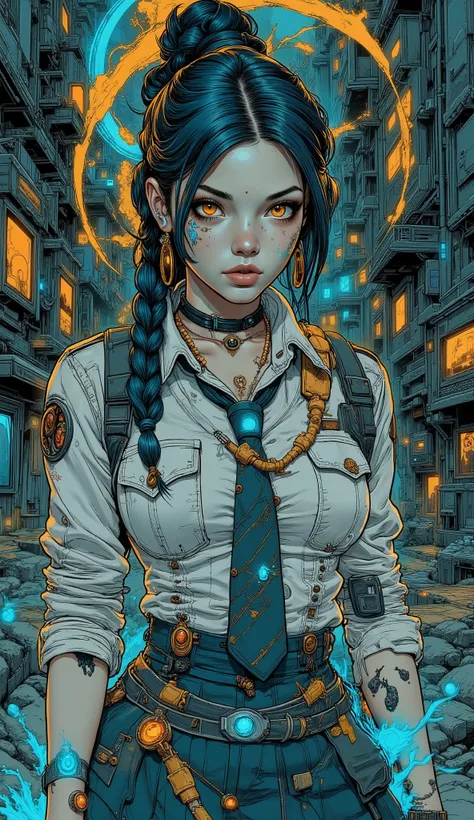 Different colored eyes, Beautiful woman in school uniform fitted to the body, Fundo Surreal, mystic, technological, Extremely detailed, Anatomically correct.