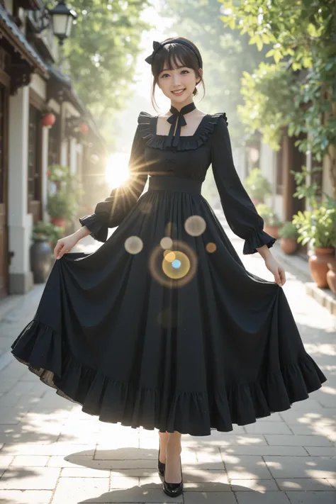 summer,cute 1girl,happy,walking in 1920's Shanghai,fashionable,Chinoiserie long Dress,black Midi Frill Petticoat,Ribbon Bijoux hairband,Jacquard Separate Pumps,lens flare,blurry,(depth of field:1.1),sunlight rays,masterpiece,best quality,