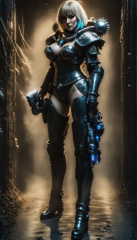 Important (coat, warhammer 40 000 theme, battle sister, space marine armor, very wide hips, thicc lower body, big breast):
Scene (space ship corridor):
Character Face ( focused, red chicks, glowing pupils, make up, augmentations on right side, tatto on lef...
