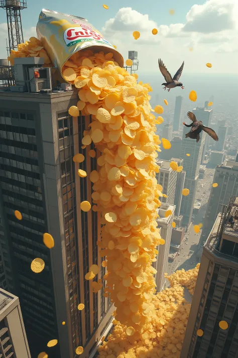 💋 : Gigantic bag of chips pouring over skyscraper roof — snacky avalanche in the city
🌟 : surrealist photography, hyperrealistic textures, dramatic perspective, 8K
🌌 : big city roof during the day — antennas, Klimaanlagen, concrete structures — chip bag...