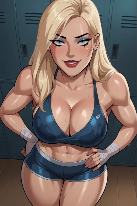 BREAK, safe_pos, score_9, score_8_up,score_7_up, score_6_up, 1girl, solo, blonde hair, long hair, blue eyes, very large breasts, smile, closed mouth, makeup, lipstick, looking at viewer, cleavage, curvy, athletic, seductive expression, seducing viewer, tea...