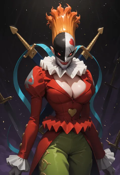 masterpiece, solo, PiedmonIL, Piedmon, clown, tall orange hair, red eyes, mask, red shirt, cleavage, large breasts, green pants, swords, evil smirk, digital background