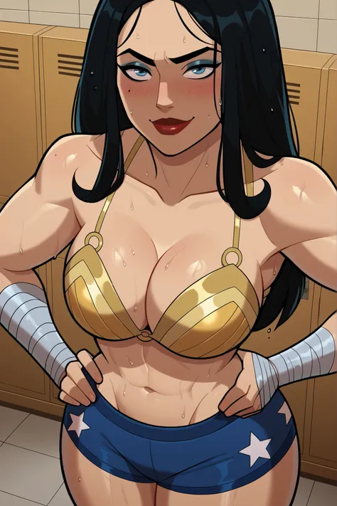  score_9, score_8_up, score_7_up, score_6_up, BREAK, solo, 1girl, wonderwoman, long hair, black hair, blue eyes, very large breasts, cleavage, curvy, athletic, smile, closed mouth bedroom eyes, seductive expression, looking at viewer, seducing viewer, teas...