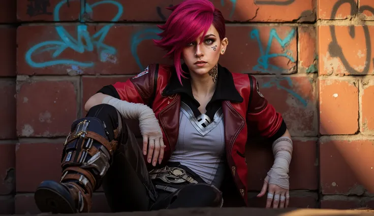 Vi: League of Legends/ARCANE, FEMALE/WOMAN, tattoo, neck tattoo, nose ring, ear piercing, red/magenta undercut hairstyle, red leather jacket, arms and hands bandaged, VI tattoo on her cheek, side shot, sitting with her back against a brick wall filled with...
