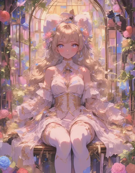 Lolita girl in a birdcage spreading legs (NSFW girl spreading perfect 02 legs:0.5), Lolita girl all i frame, NSFW pantie showcase between spreading legs (focus on pink panties:0.9) , The woman is siiting alone, she is wearing white see-trought thin lace nu...