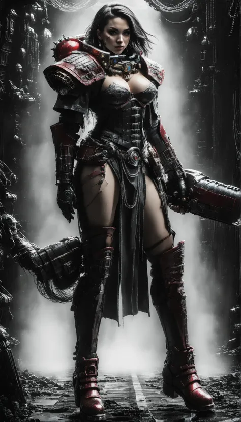 Important (military uniform, bloodborn coat, detective, warhammer 40 000 theme, battle sister, space marine armor, very wide hips, thicc lower body, big breast):
Scene (space ship corridor):
Character Face ( focused, red chicks, glowing pupils, make up, au...
