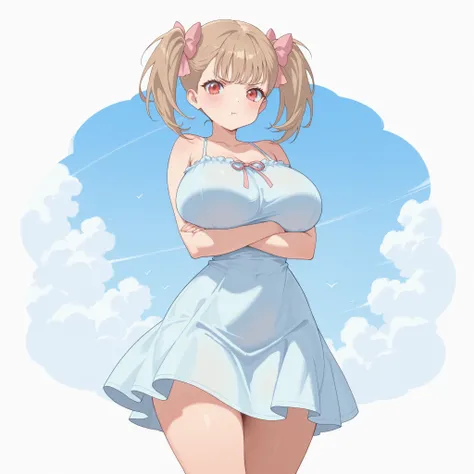 masterpiece, ultra-HD, impressionism, high detail, best quality, very aesthetic, 8K, best quality, beautiful, ultra-high resolution, 32K UHD, 1girl, solo, Rumi, light brown hair, twin pigtails, middle bangs, hair ribbons, pink ribbons, red eyes, eyelashes,...