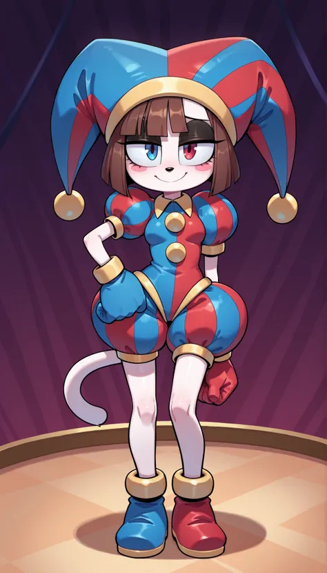 score_9, score_8_up, score_7_up, 1girl, solo, masterpiece, best quality, amazing quality, very aesthetic, absurdres, source furry, Pomni, mobian cat, dog ears, blue eyes, white body fur, brown hair, straight bangs, looking at viewer, smile, oily skin, eyes...