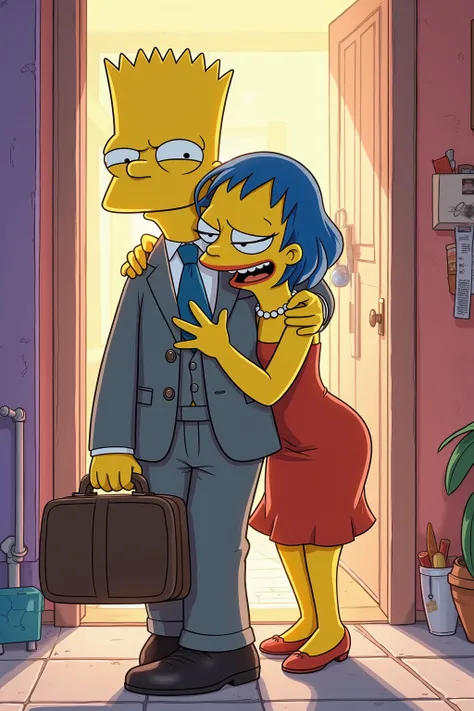 💋:Bart Simpson as a young adult,of his wife with a possessive pat on the butt Saying goodbye,im Comic-Stil der Simpsons.
🌟:Comicstil,im Stil der TV-Serie Die Simpsons,farbenfroh,humorvoll
🌌:The entrance area of the Simpson House,illuminated by the morning...