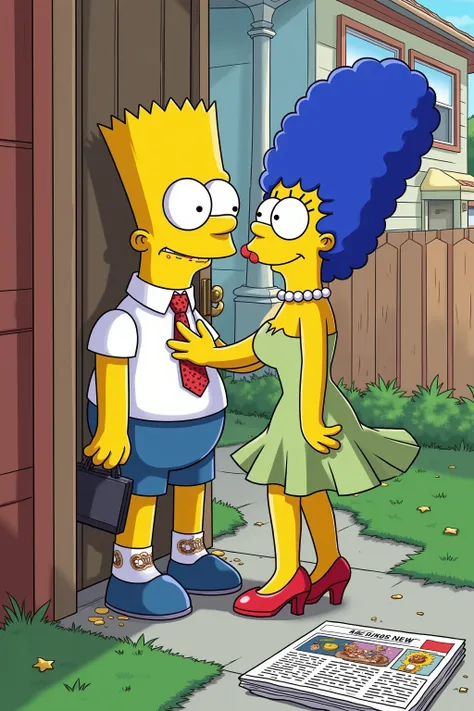 💋 : Bart Simpson as an adult — office hero with charming farewell to his wife
🌟 : successful Simpsons imitation drawing, satte Farben, Thick black outlines, 2D-Cel-Shading
🌌 : suburban front garden — crooked sidewalk, exaggerated green lawn, chunky sing...