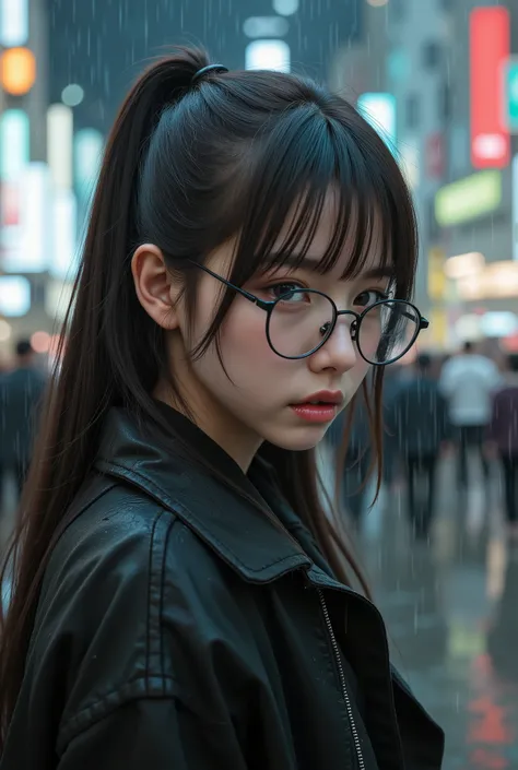 cute On, On,surreal,high resolution,Highest Quality,8k,exquisite details,(14 years old),(full nude、nude),black collar、(glasses have an oval frame shape、lens width 48mm、temple 135mm、The top and bottom width are 30mm)、、beautifully trimmed thick bangs、ponytai...