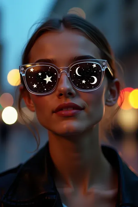 The model is wearing glass sunglasses，with stars and moon on the lenses