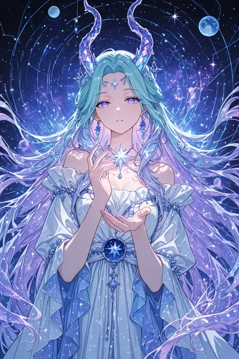 masterpiece, better quality, ultra-detailed, Anime style, illustration, fantasy art, Beautiful woman,constellation goddess, elegant dress, celestial hair, icy blue and pale lavender hair, loose hair, Aries horns on the head, looking at viewer, loose star g...