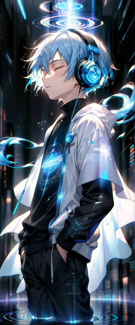 1boy,13 years old,((masterpiece:1.2)),Ripples spreading around,futuristic cityscape,Ultra HD,cyberpunk,aquarius tattoo,Surrounded by a sparkling blue wind,((blue pulse waveform)),- God of God,Gust of wind,((light blue hair short hair)),((close your eyes)),...