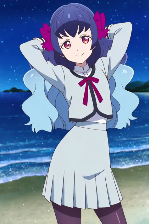 kaguyafri, multicolored hair, pantyhose, bow, long hair, gradient hair, wavy hair, school uniform, anime screencap, shiny skin, high quality, solo, three-quarter cowboy shot, (contrapposto), hands behind head, closed mouth, night sky, beach, looking at vie...