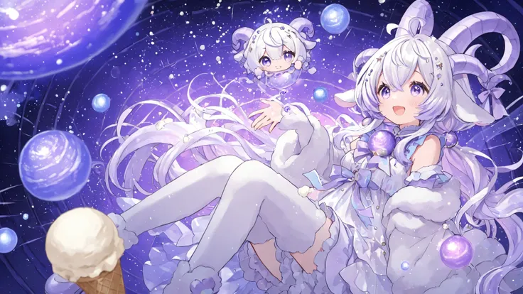 Personification of constellations ,girls、Capricorn、 Goat Horns、white fur、planetarium、ice cream