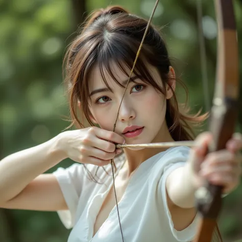 sexy and beautiful Japanese woman wearing a white short-sleeved shirt, (Sagittarius Artemis inspired clothes:1.10), Arrows carefully、ready to shoot, Olympic archery, BREAK,  shows her whole body from foot to top, brown hair, bang, Floating Hair, super beau...
