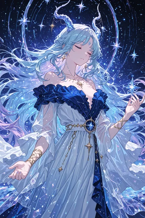 masterpiece, better quality, ultra-detailed, Anime style, illustration, fantasy art, Beautiful woman,constellation goddess, elegant dress, celestial hair, icy blue and pale lavender hair, loose hair, Aries horns on the head, eyes closed, loose dress of the...