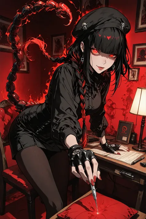 ,XUER guangying,EdobScorpion,detailed,r17329_illu,in the style of cksc,1girl,solo, cinematic illustration, dramatic, high-contrast lighting, side-view angle.Braided hair fused with a scorpion's tail、
The pen tip is emitting an aura.Red nails,Four fingers
R...