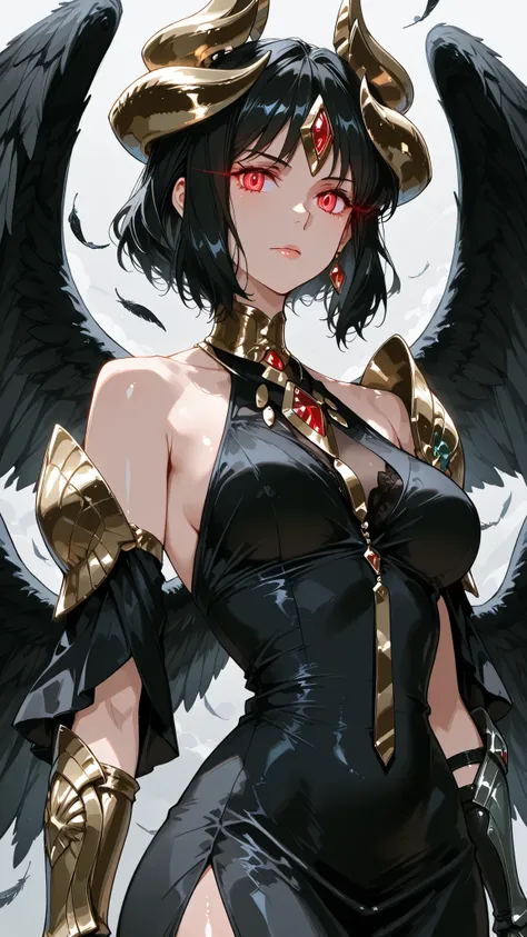 solo, Shem-Ha, black hair, short hair, glowing eyes, red eyes, mature woman, Tight waist、Small waist、shiny Skin , (upper body), dress, jewelry single gauntlet, sexy, wings, feathered wings, black wings, angel wings, multiple wings, black dress,