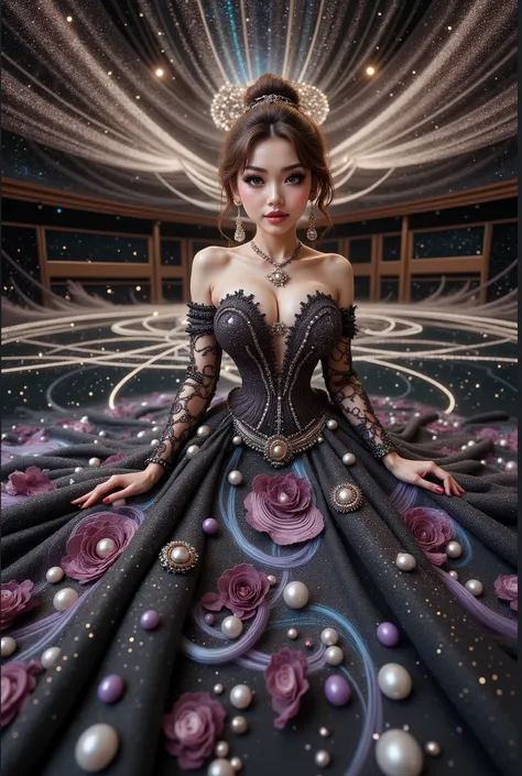 A cute japanese idol girls white-skinned, blue-eyed, thin lips, shadow eye, eyelashes, Gigantic fake boobs, Breast Press, asian girls in a strapless dress sitting in space, UHD, luxurious mechanism dress, ornate dress, shiny dress, sparkling dress, glossy ...