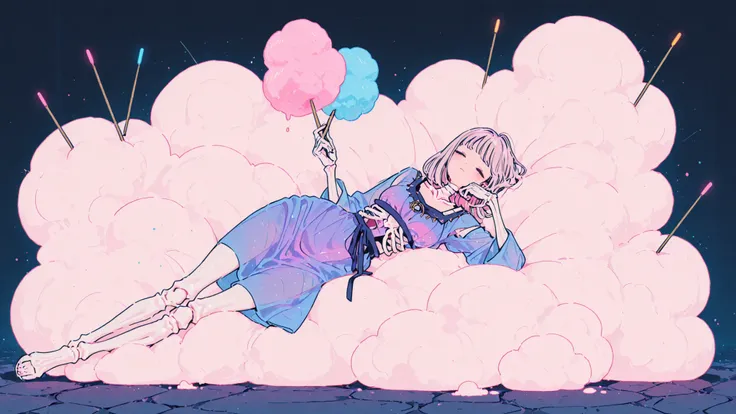 A girl with bones in wide Arab clothes is lying on a giant cotton candy , She sticks her finger into cotton.