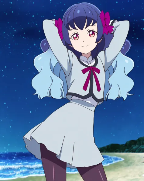 kaguyafri, multicolored hair, pantyhose, bow, long hair, gradient hair, wavy hair, school uniform, anime screencap, shiny skin, high quality, solo, three-quarter cowboy shot, (contrapposto), hands behind head, closed mouth, night sky, beach, looking at vie...
