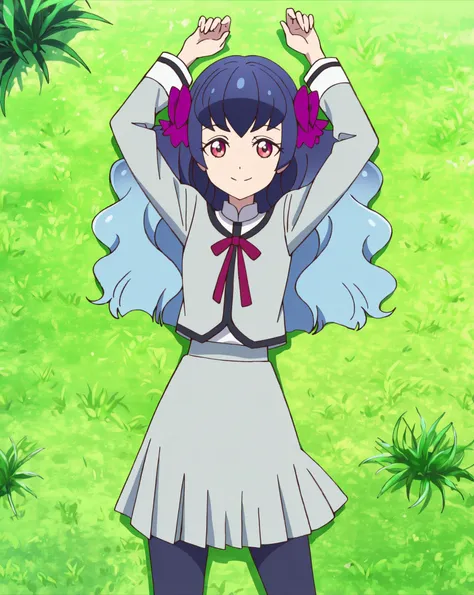 kaguyafri, multicolored hair, pantyhose, bow, long hair, gradient hair, wavy hair, school uniform, anime screenshot, shiny skin, high quality, solo, lying, on back, arms up, legs apart, from above, closed mouth, on grass, looking at viewer, cowboy shot, sm...