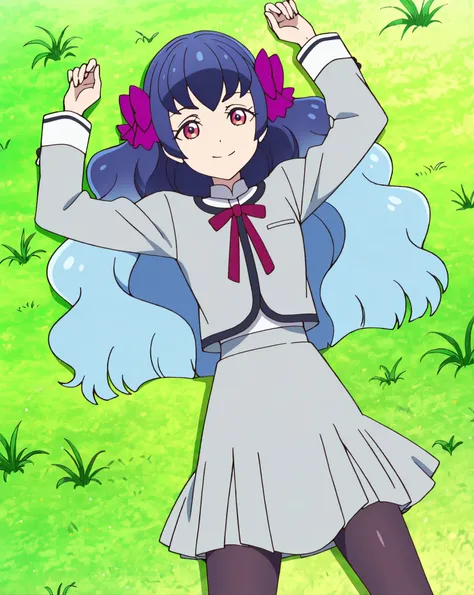 kaguyafri, multicolored hair, pantyhose, bow, long hair, gradient hair, wavy hair, school uniform, anime screenshot, shiny skin, high quality, solo, lying, on back, arms up, legs apart, from above, closed mouth, on grass, looking at viewer, cowboy shot, sm...