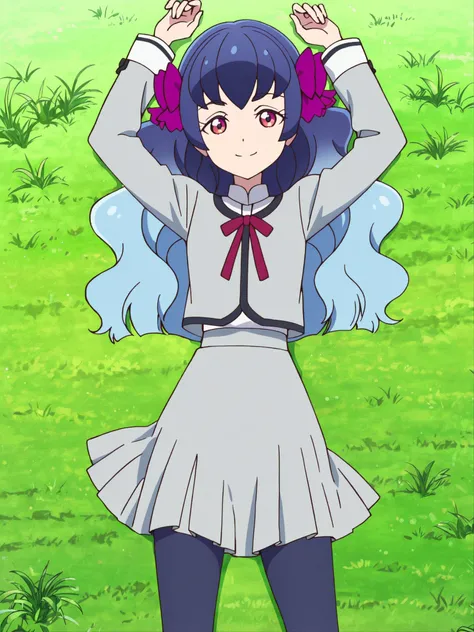 kaguyafri, multicolored hair, pantyhose, bow, long hair, gradient hair, wavy hair, school uniform, anime screenshot, shiny skin, high quality, solo, lying, on back, arms up, legs apart, from above, closed mouth, on grass, looking at viewer, cowboy shot, sm...